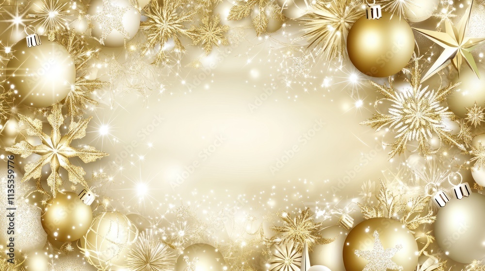 Gold festive frame of ornaments and snowflakes on a soft light background. Gold festive frame of ornaments and snowflakes on a soft light background.