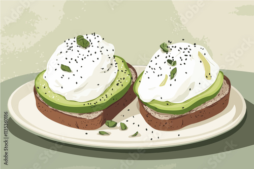 Avocado Toast with Poached Egg: A delectable illustration of two slices of avocado toast topped with creamy poached eggs and a sprinkle of poppy seeds, presented on an elegant plate.