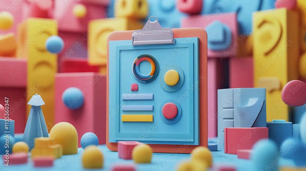 Colorful 3D rendered clipboard with charts and data amidst geometric shapes. Colorful 3D rendered clipboard with charts and data amidst geometric shapes.