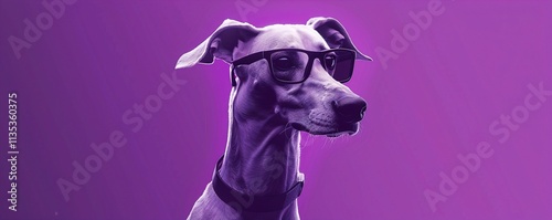 A sleek greyhound with minimalist, black-rimmed glasses, standing proudly against a solid purple background. The glasses give the dog a refined and powerful appearance.