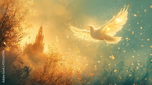 Wallpaper Mural Glowing magical birds soaring in radiant fantasy skies, depicting enchanted creatures in a fairy tale setting. Torontodigital.ca