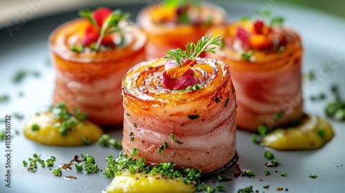 Bacon-wrapped appetizers with sauce. photo