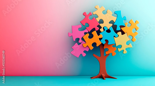 Minimal genealogical tree with puzzle piece placeholders, multicolor background