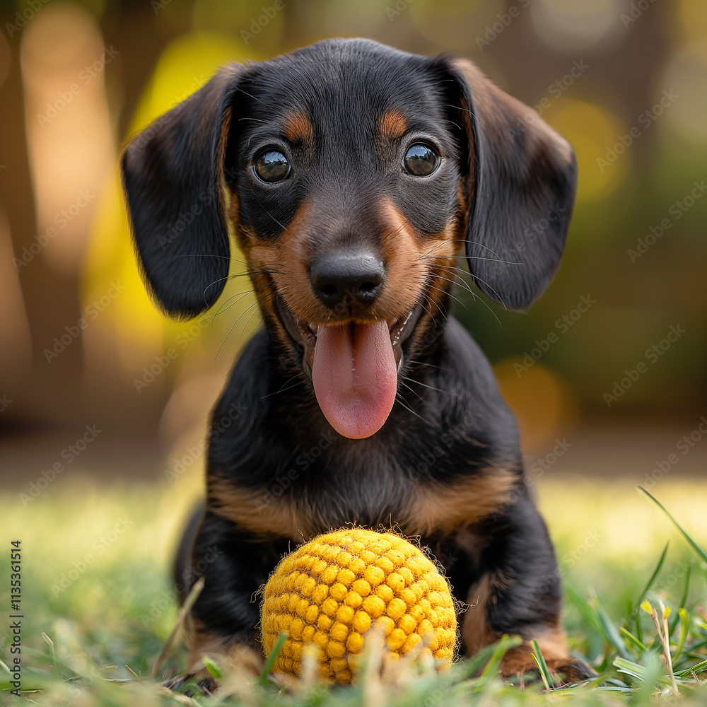 Adorable dachshund puppy playing with a ball on the grass on a sunny summer day Adorable dachshund puppy playing with a ball on the grass on a sunny summer day