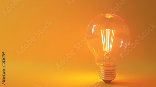 Bright glowing light bulb on yellow background, space for copy