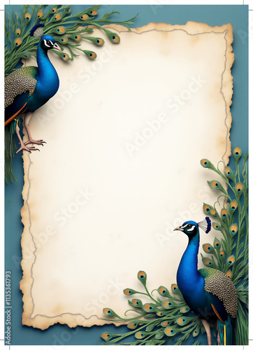 Elegant peacock-themed decorative paper with vibrant feathers and an antique backdrop.