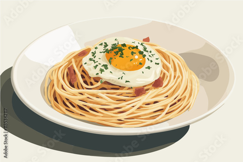 Spaghetti Carbonara with Fried Egg: A delectable illustration of a classic Italian pasta dish, spaghetti carbonara, topped with a perfectly fried egg and a sprinkle of fresh parsley.