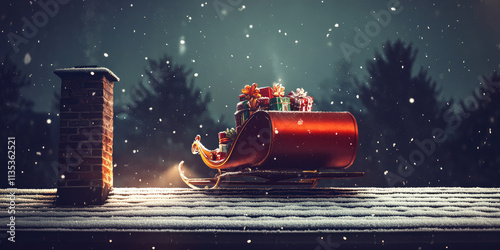 Christmas sleigh with presents stands on roof of house at night near the chimney. Creative concept of magic and gifts for the new year