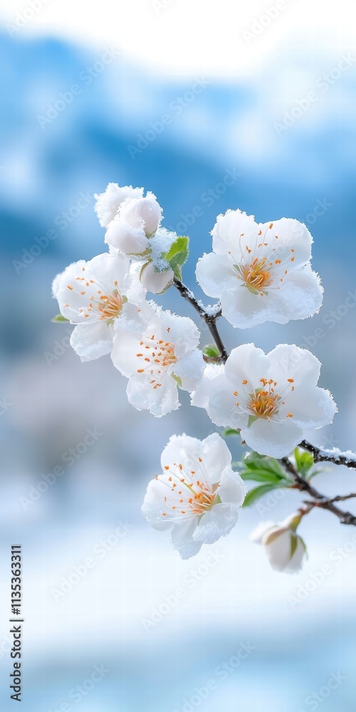 Delicate white cherry blossoms covered in snow Delicate white cherry blossoms covered in snow