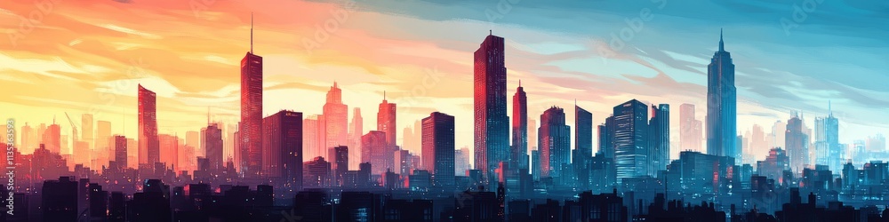 Vibrant Urban Vista: Artistic Depiction of a Bustling City Landscape