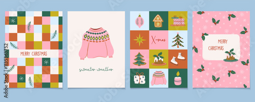 Happy holidays greeting cards. Geometric Christmas prints. Set of cute colorful Winter festive posters. Flat design vintage vector illustrations. 