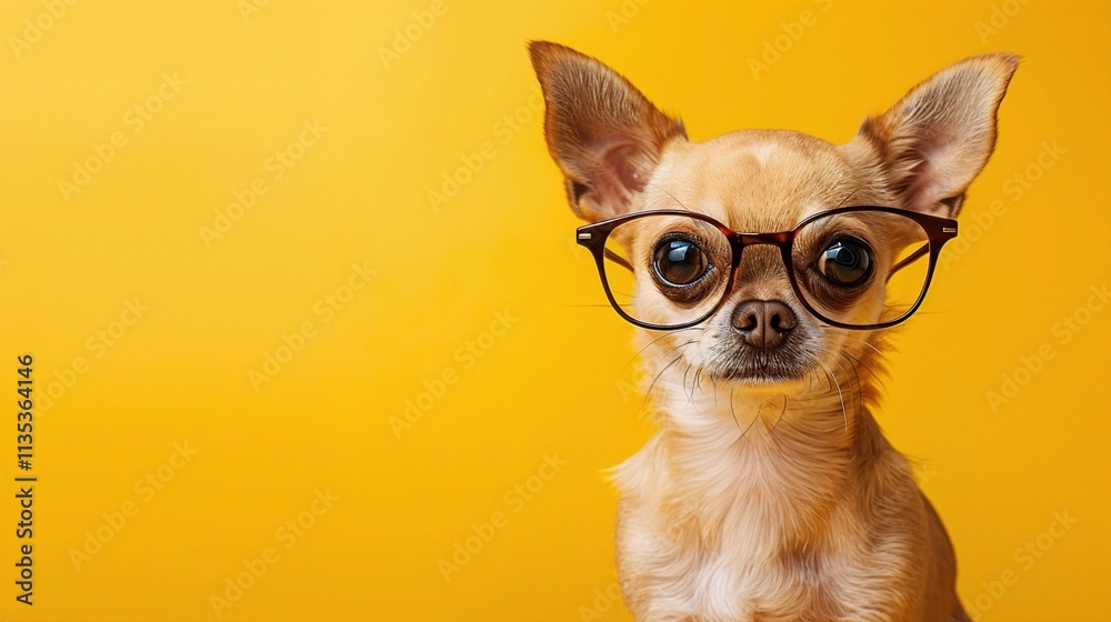 : A small Chihuahua with tiny, wire-framed glasses, sitting with a poised expression against a solid yellow background. The glasses give the dog a sophisticated, sharp look. : A small Chihuahua with tiny, wire-framed glasses, sitting with a poised expression against a solid yellow background. The glasses give the dog a sophisticated, sharp look.