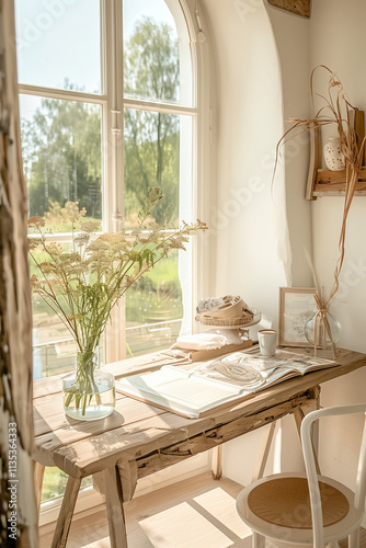 Modern minimalist chic Provence workspace with meadow views photo