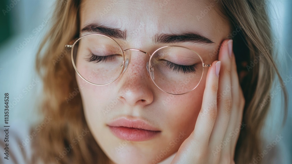 Exhausted Young Woman Rubbing Her Tired Eyes while Wearing Reading Glasses in a Relaxed Portrait Exhausted Young Woman Rubbing Her Tired Eyes while Wearing Reading Glasses in a Relaxed Portrait