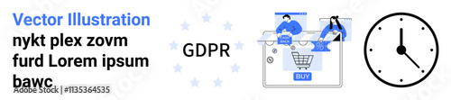 Vector of people shopping online, a clock, and GDPR text. Ideal for e-commerce, online privacy, data protection, compliance, time management legal framework customer trust. Landing page