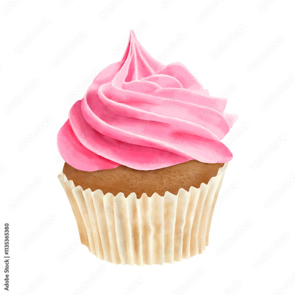 Cupcake with strawberry pink cream in paper basket. Watercolor digital illustration. Sweet pastry isolated, on white background. Sponge cake with sweet cream cap, For birthday, Valentine's day Cupcake with strawberry pink cream in paper basket. Watercolor digital illustration. Sweet pastry isolated, on white background. Sponge cake with sweet cream cap, For birthday, Valentine's day