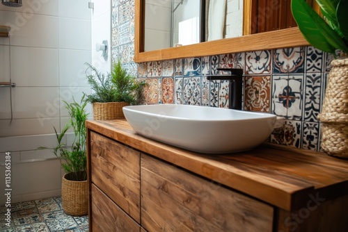 Creative bathroom interior with wooden furniture and azulejo tile