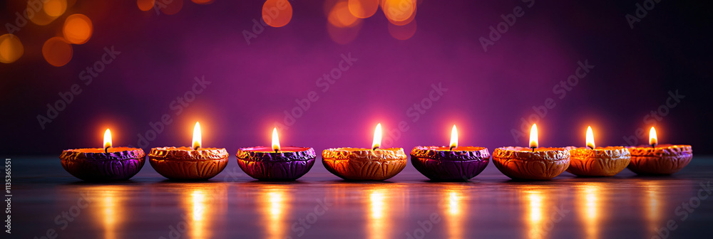Colorful traditional oil lamps create a serene festive atmosphere, perfect for Diwali celebrations, advertising, or seasonal marketing. Colorful traditional oil lamps create a serene festive atmosphere, perfect for Diwali celebrations, advertising, or seasonal marketing.