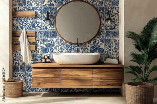 Creative bathroom interior with wooden furniture and azulejo tile