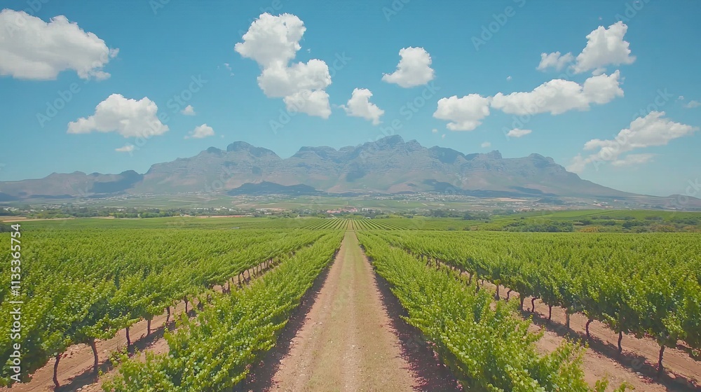 Fototapeta premium Scenic vineyard landscape with mountains and blue sky.