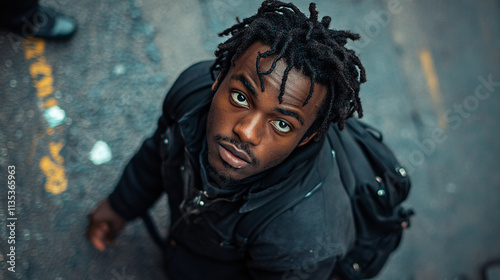 Young man with dreadlocks looking surprised at the camera against asphalt background photo