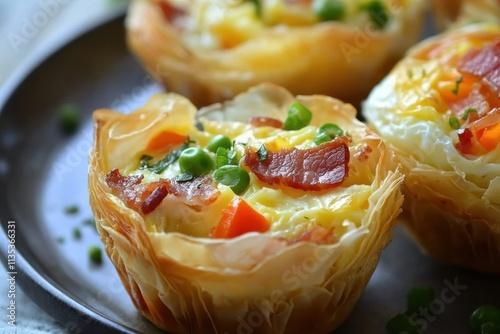 Delicious breakfast egg muffins with bacon, vegetables, and cheese in flaky phyllo cups.