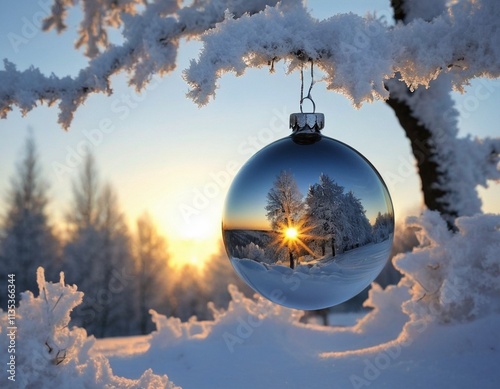 Am verschneiten Ast eines Baumes hängt eine schöne Weihnachtskugel, die Schneelandschaft spiegelt sich in ihrem Inneren photo