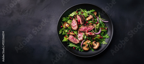 Duck breast salad features smoked duck meat magret serving as a natural and fresh appetizer or snack on the table with a rustic food background Copyspace is available Top view