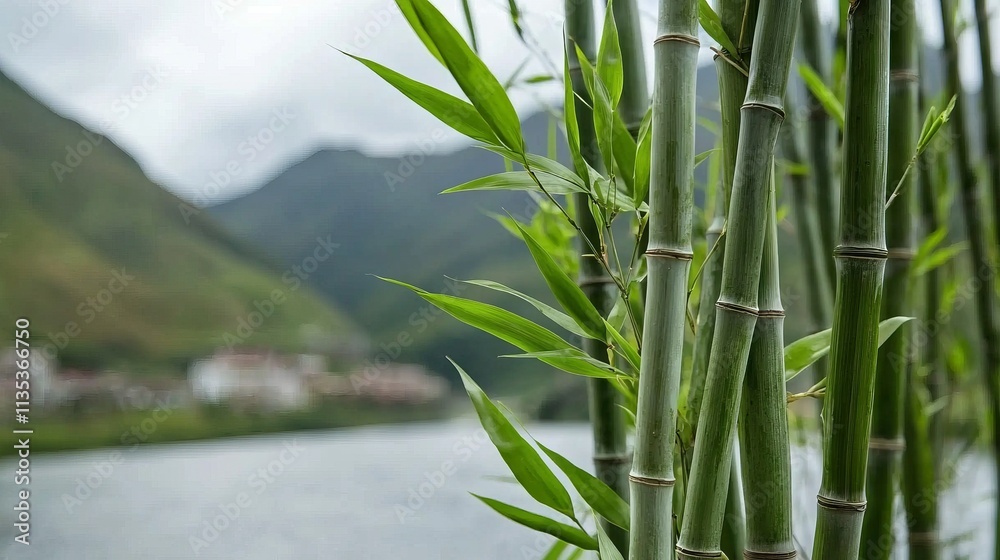 Fototapeta premium Serene Bamboo Grove Beside Tranquil River and Mountain Village