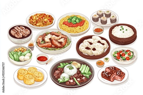 Wallpaper Mural Exquisite Chinese Feast: A Colorful Medley of Noodles, Rice, Dumplings, and Peking Duck Perfectly Arranged for an Authentic Asian Dining Experience Torontodigital.ca