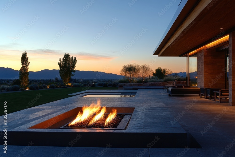 Dusk architecture shot of outdoor lounge fire pit Dusk architecture shot of outdoor lounge fire pit
