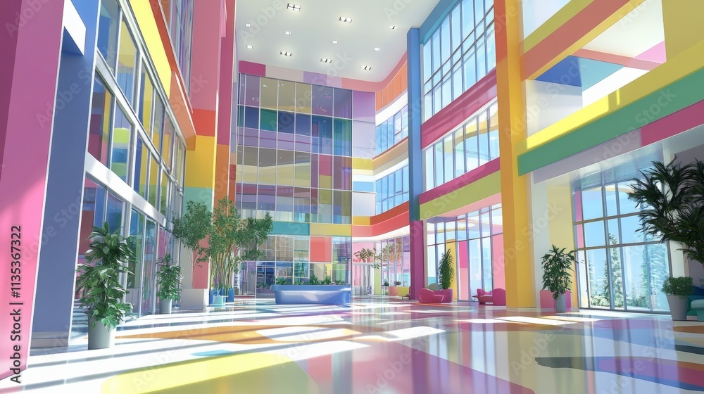 Obraz premium Abstract white and colored gradient glasses interior multilevel public space with window. 3D illustration and rendering.