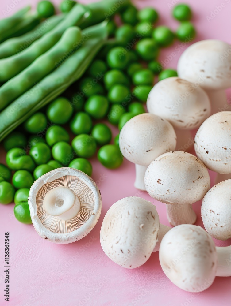 Set of white harvested champignons and green peas on pink background. Fresh vegetables for preparing delicious soup or pizza. Food photography. Raw ripe crops. Tasty mushrooms. Selective focus Set of white harvested champignons and green peas on pink background. Fresh vegetables for preparing delicious soup or pizza. Food photography. Raw ripe crops. Tasty mushrooms. Selective focus