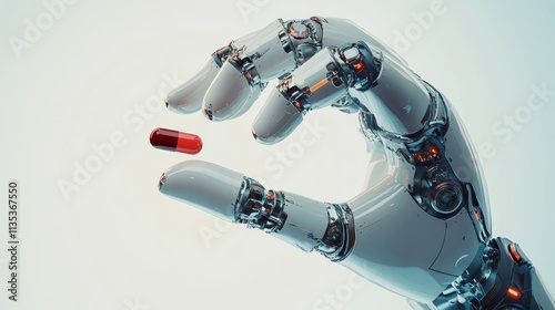 A robotic mechanical arm with pill. Strong stylish futuristic design concept. Cybernetic organism with Artificial Intelligence.