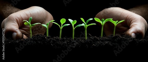 Hands nurturing a row of young plants growing in soil. photo