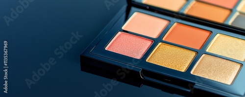 Golden makeup palette with sparkling shades on a reflective surface, lavish beauty, artistic elegance