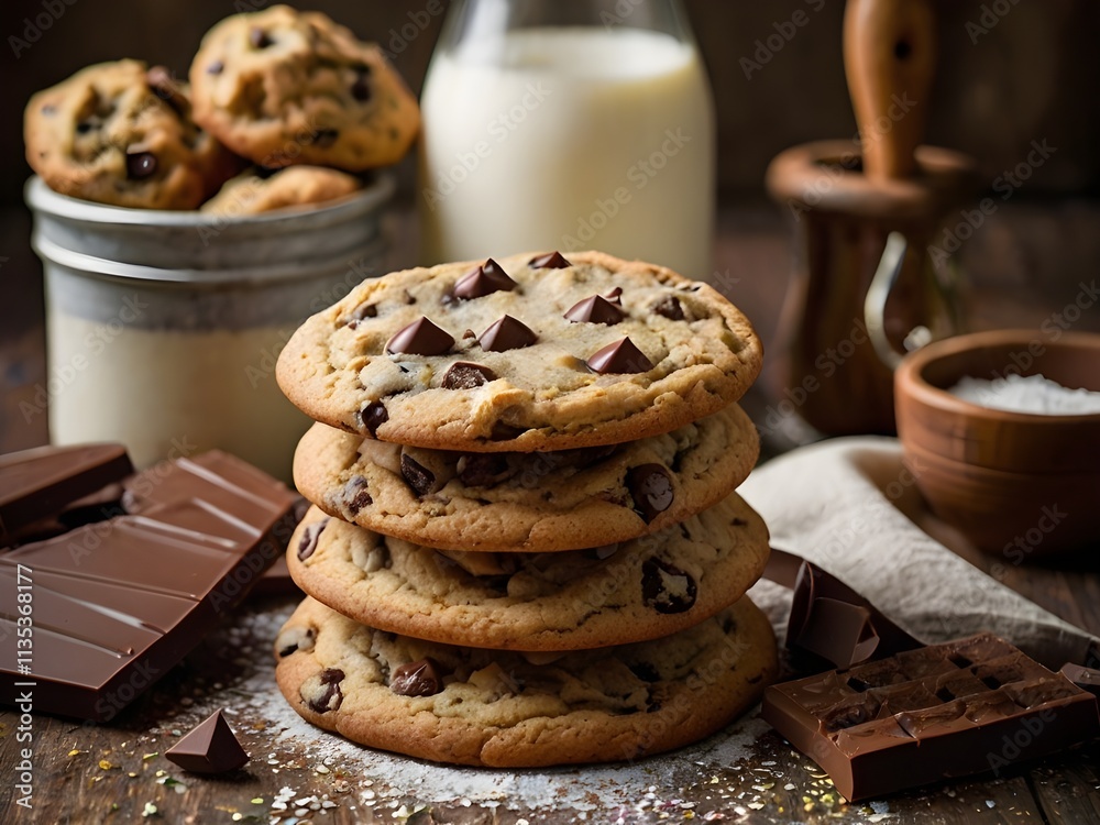 A pile of chocolate chip cookies surrounded by ingredients. A pile of chocolate chip cookies surrounded by ingredients.