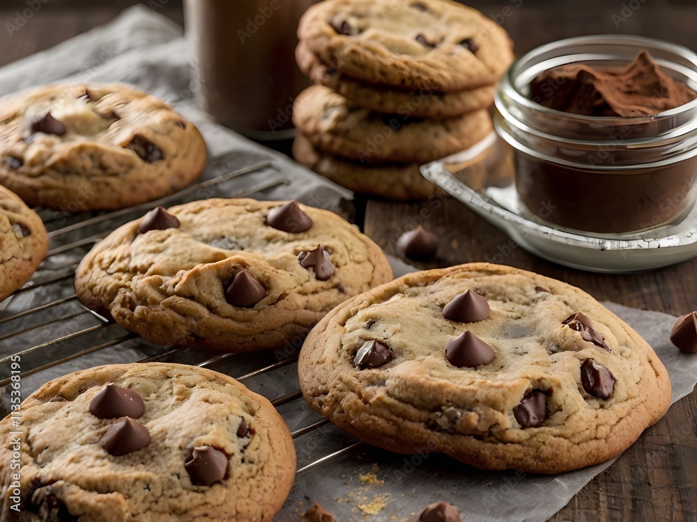 Soft chocolate chip cookies with slightly crinkled edges and a golden brown hue, inviting a bite. Soft chocolate chip cookies with slightly crinkled edges and a golden brown hue, inviting a bite.