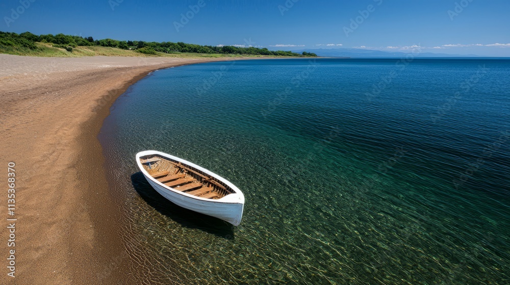 Fototapeta premium Serene Coastal Scene with Small White Rowboat on Sandy Beach