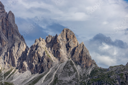 Monte Popera mountain summit in the Dolomites. Rocky mountain tower in the Alps, sunny summer day with blue sky in the Dolomiti Alps scenic landscape