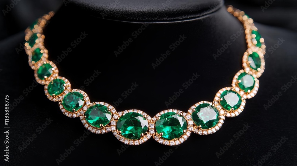 Luxurious emerald necklace showcased on black velvet, lavish beauty, vibrant opulence Luxurious emerald necklace showcased on black velvet, lavish beauty, vibrant opulence