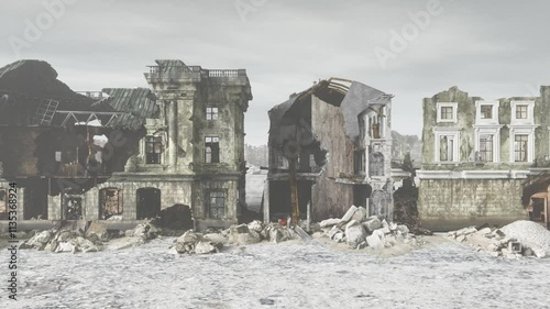 devastated and destroyed city after military operations, 3d animation