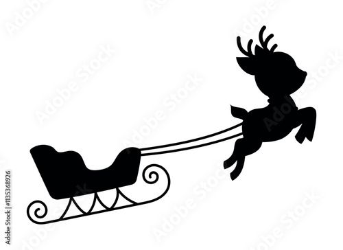 Santa's sleigh silhouette. Cute Christmas reindeer with sleigh for presents. Reindeer with sleigh flying to Santa Claus at the North Pole. Christmas winter New Year