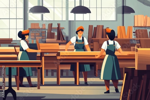Female Workers In The Uniform Working At The Furniture Factory
