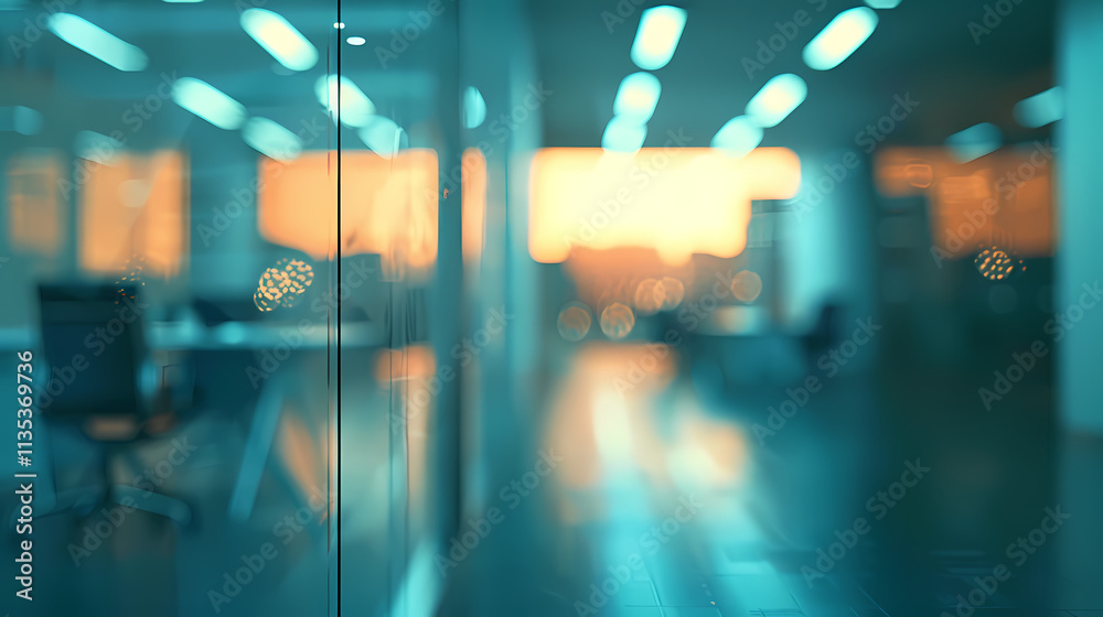 Modern Office Interior: Abstract view of a contemporary office space through a glass partition, showcasing a blurred background with warm sunset hues. Modern Office Interior: Abstract view of a contemporary office space through a glass partition, showcasing a blurred background with warm sunset hues.