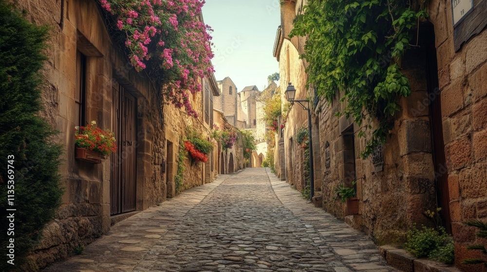 Fototapeta premium Picturesque European Alleyway with Blossoms