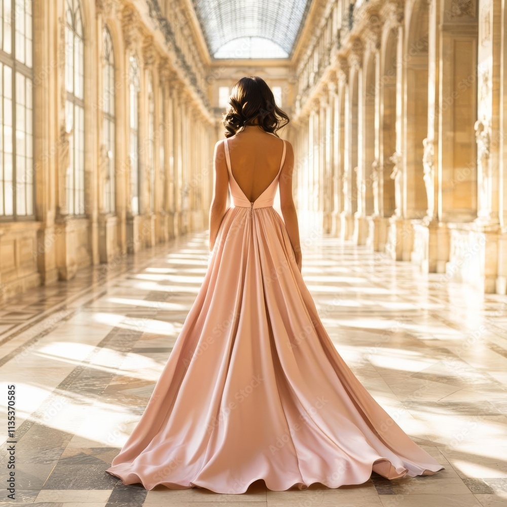 Fototapeta premium Woman in a flowing couture gown walking through a sunlit atrium, lavish beauty, graceful allure
