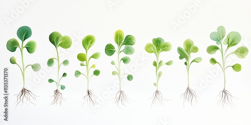 Watercolor Illustration of Plant Growth Stages in Natural Green Shades, perfect for education, ecology themes, or botanical designs.
