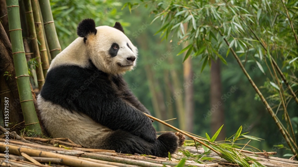 Obraz premium Relaxing panda in a bamboo grove during the day in a serene natural environment