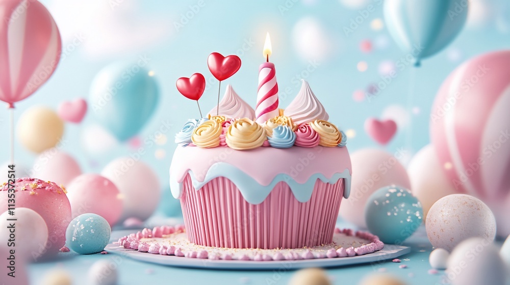 Festive cupcake with candle, balloons, and hearts. Festive cupcake with candle, balloons, and hearts.